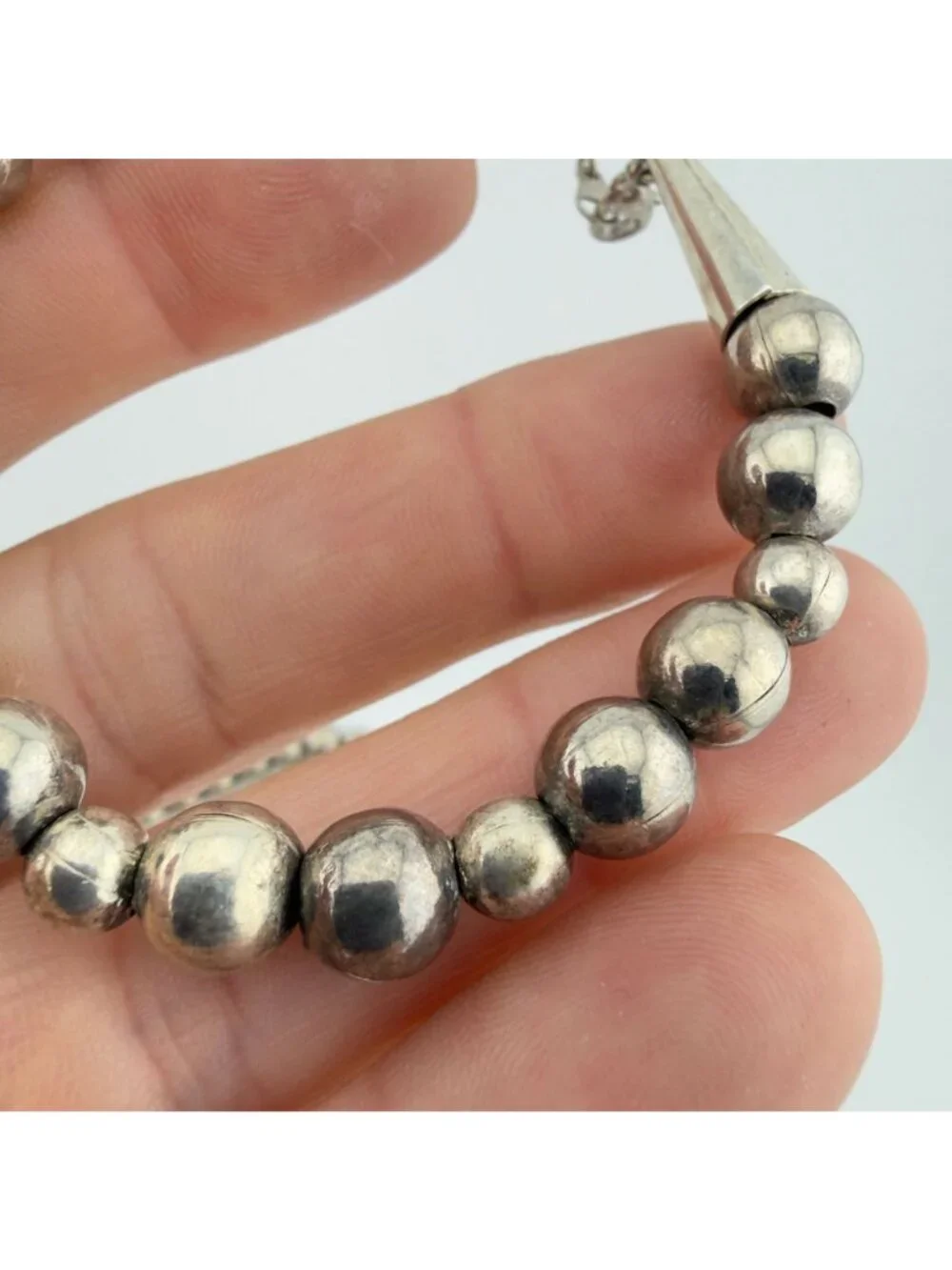 Vintage Silver Tone Ball Beaded Tapered Necklace Bracelet Set Graduated